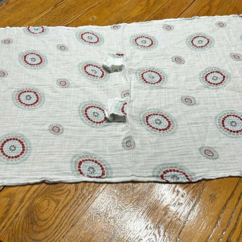 Aden + Anais muslin cover, snaps on car seat handle to drape over baby.